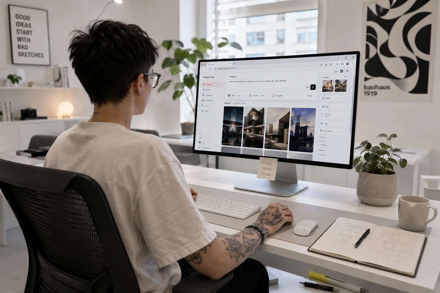 Světlá minimalistická kancelář s tvorbou webu pomocí AI na monitoru