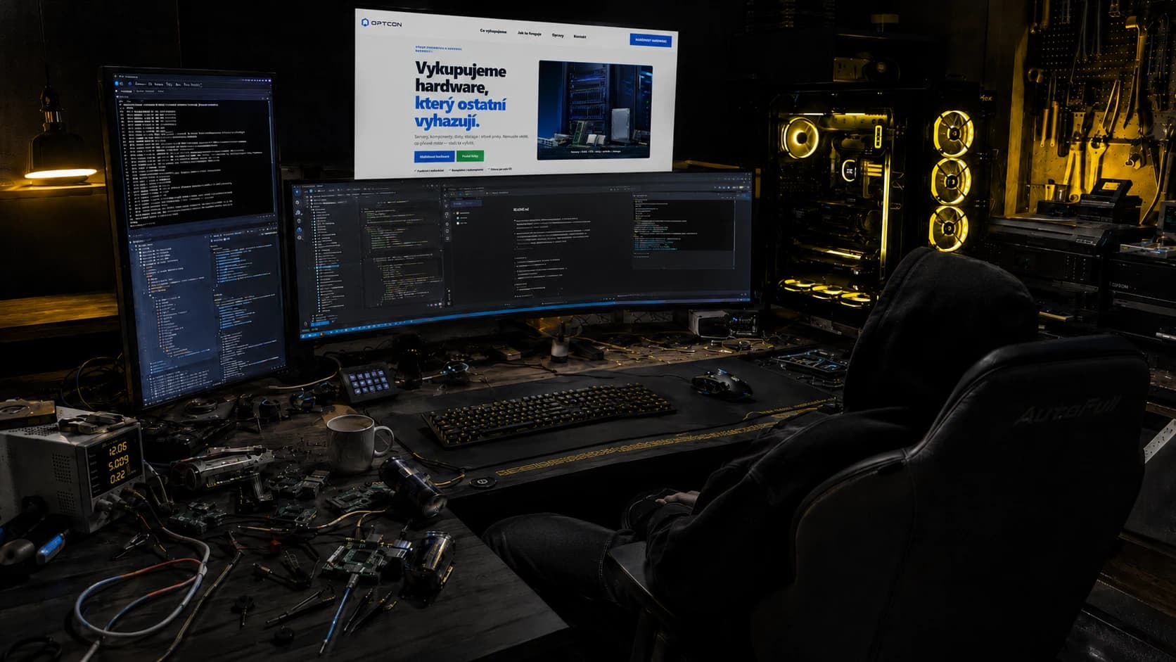 Tmavé vývojářské pracoviště s monitory, kódem a serverovou technikou
